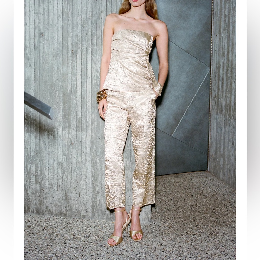 Zara wrinkled satin effect bustier top & pants co-ord set